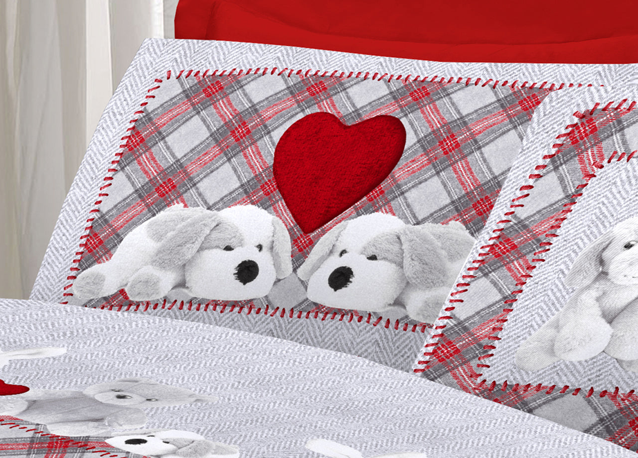 Completo Lenzuola Linea Pensieri Delicati 100% Cotone Disegno Peluche - Piazza E Mezza - Grigio
