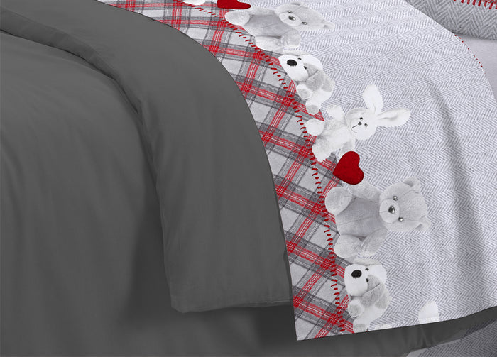 Completo Lenzuola Linea Pensieri Delicati 100% Cotone Disegno Peluche - Matrimoniale - Grigio