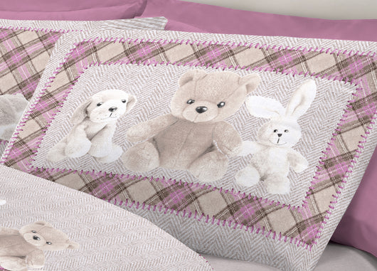 Completo Lenzuola Linea Pensieri Delicati 100% Cotone Disegno Peluche - Piazza E Mezza - Rosa