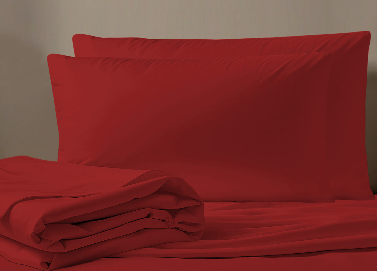 Completo Lenzuola No Stiro Estate In Tinta Unita In Microfibra Modello Francesca - Matrimoniale - Rosso