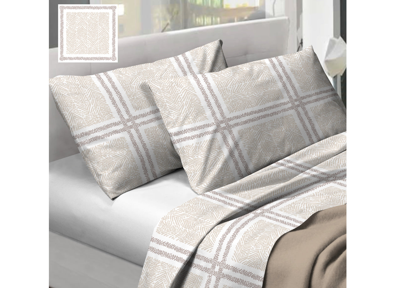 Completo Lenzuola In 100% Cotone  Disegno Tartan Colore Beige Modello O.B. - Matrimoniale - Beige
