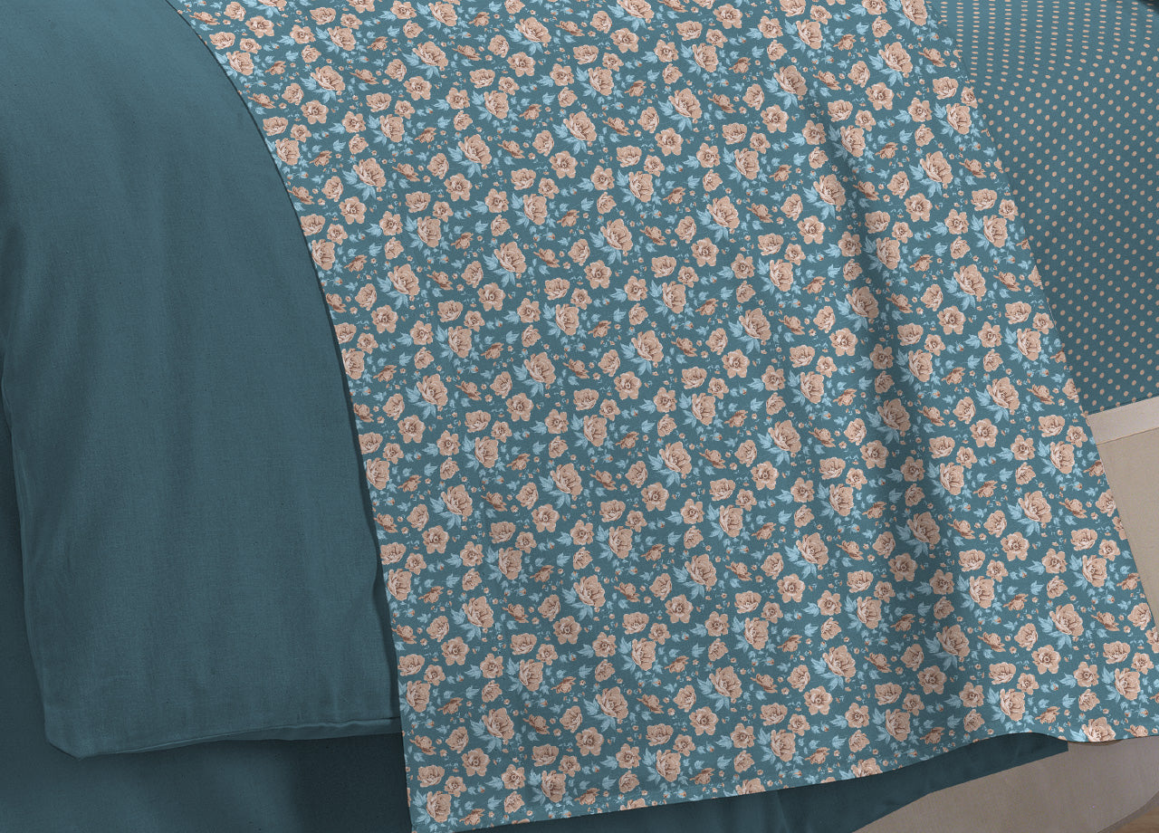 Completo Lenzuola Letto 100% Cotone Made Italy 3027 Disegno Provenza - Piazza E Mezza - Verde