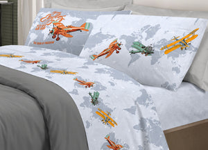 Completo Lenzuola Linea Pensieri Delicati 100% Cotone Disegno Aerei - Piazza E Mezza - Grigio