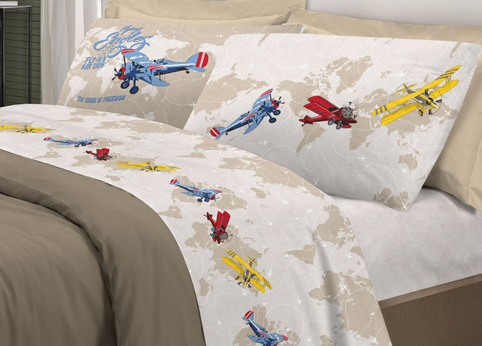 Completo Lenzuola Linea Pensieri Delicati 100% Cotone Disegno Aerei - Piazza E Mezza - Rosso