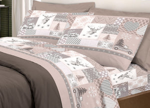 Completo Lenzuola Pensieri Delicati 100% Cotone Disegno Alpi - Piazza E Mezza - Beige