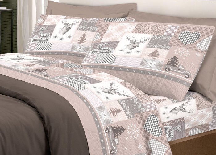 Completo Lenzuola Pensieri Delicati 100% Cotone Disegno Alpi - Piazza E Mezza - Beige