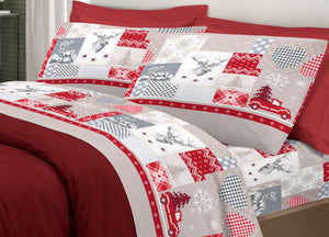 Completo Lenzuola Pensieri Delicati 100% Cotone Disegno Alpi - Piazza E Mezza - Rosso