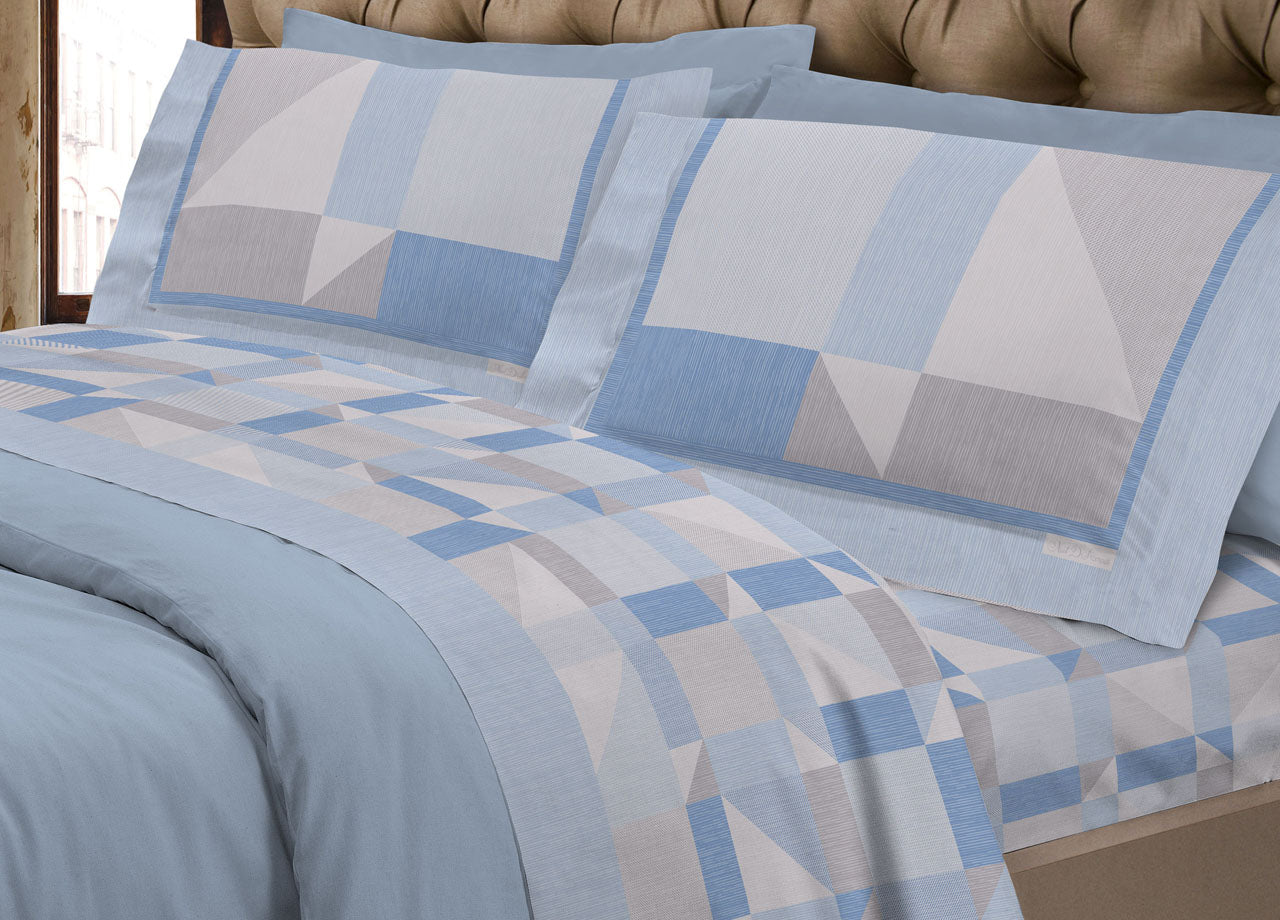 Completo Lenzuola Flanella Linea SuperEuropa 100% Cotone Disegno Atene 7879 - Piazza E Mezza - Azzurro