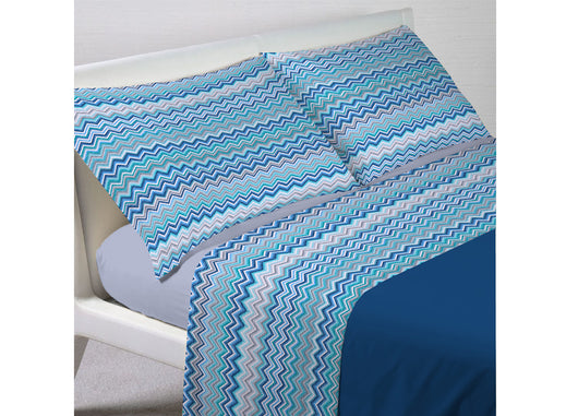 Completo Lenzuola Letto In 100% Cotone Rigato Zig Zag Disegno Baia - Maxi - Azzurro