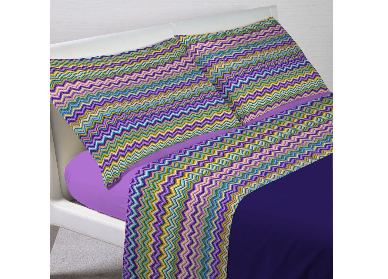 Completo Lenzuola Letto In 100% Cotone Rigato Zig Zag Disegno Baia - Singolo - Lilla