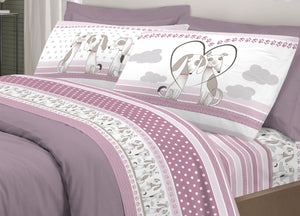 Completo Lenzuola Letto Pensieri Delicati 100% Cotone Dis. Bau Bau - Piazza E Mezza - Rosa