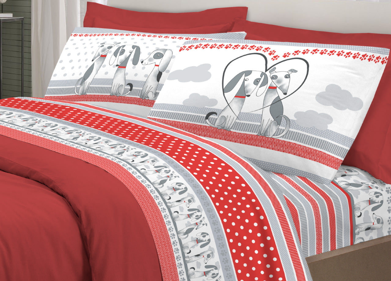 Completo Lenzuola Letto Pensieri Delicati 100% Cotone Dis. Bau Bau - Piazza E Mezza - Rosso