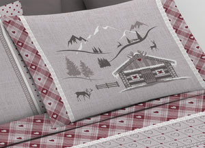 Completo Lenzuola Letto Pensieri Delicati 100% Cotone Dis.Chalet - Singolo - Rosso