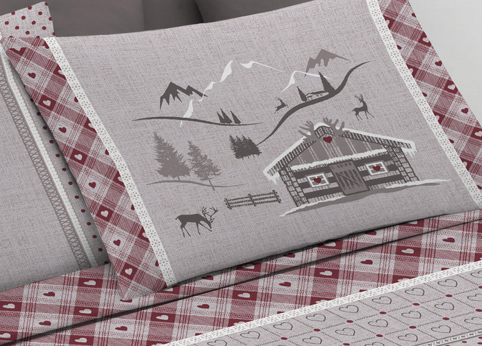 Completo Lenzuola Letto Pensieri Delicati 100% Cotone Dis.Chalet - Singolo - Rosso