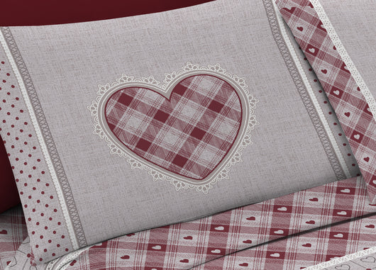 Completo Lenzuola Letto Pensieri Delicati 100% Cotone Dis.Chalet - Matrimoniale - Rosso