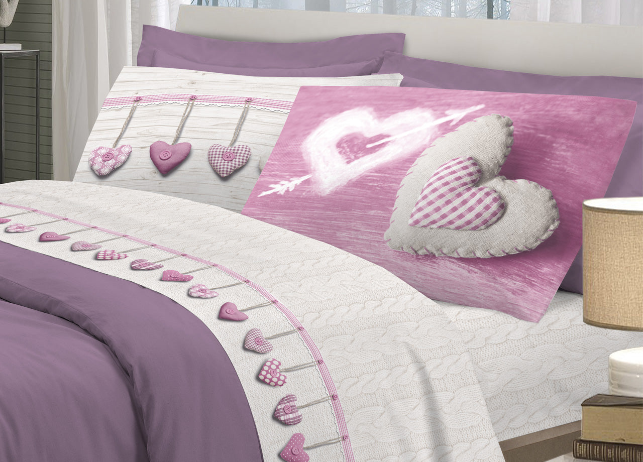 Completo Lenzuola Linea Pensieri Delicati 100% Cotone Disegno Cuore Appeso - Piazza E Mezza - Rosa