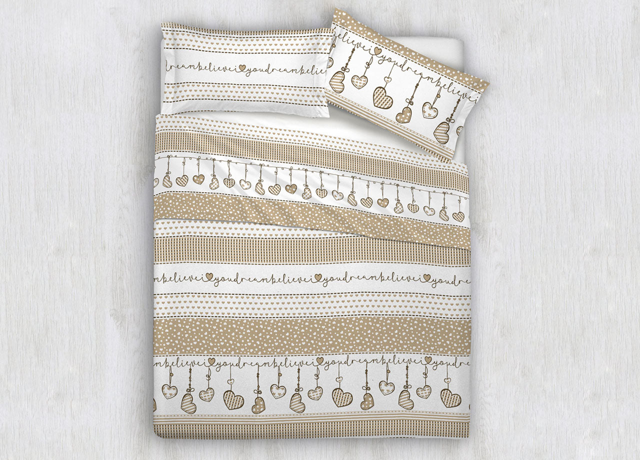 Completo Lenzuola In Cotone Flanella Disegni Natalizi Invernali Renne Cuori OB - Singolo - Dream Beige