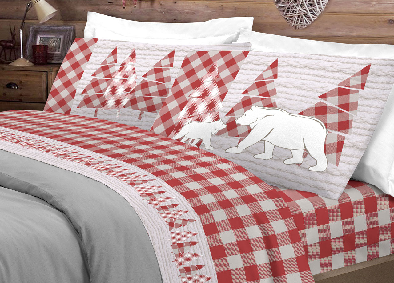 Completo Lenzuola Flanella Pensieri Delicati 100% Cotone Disegno Canada - Singolo - Rosso