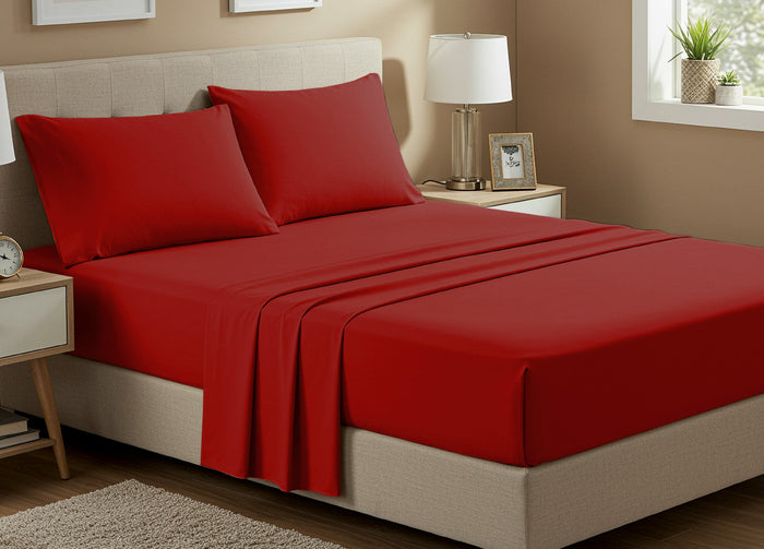Completo Lenzuola No Stiro Estate In Tinta Unita In Microfibra Modello Francesca - Matrimoniale - Rosso
