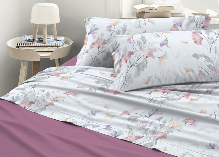 Completo Lenzuola Matrimoniale 100% Raso Cotone Floreale Dis. Ginko Colors