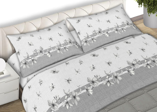 Completo Lenzuola Matrimoniale In Morbida Flanella Disegno Giorgia C.N - 2 Piazze - Grigio