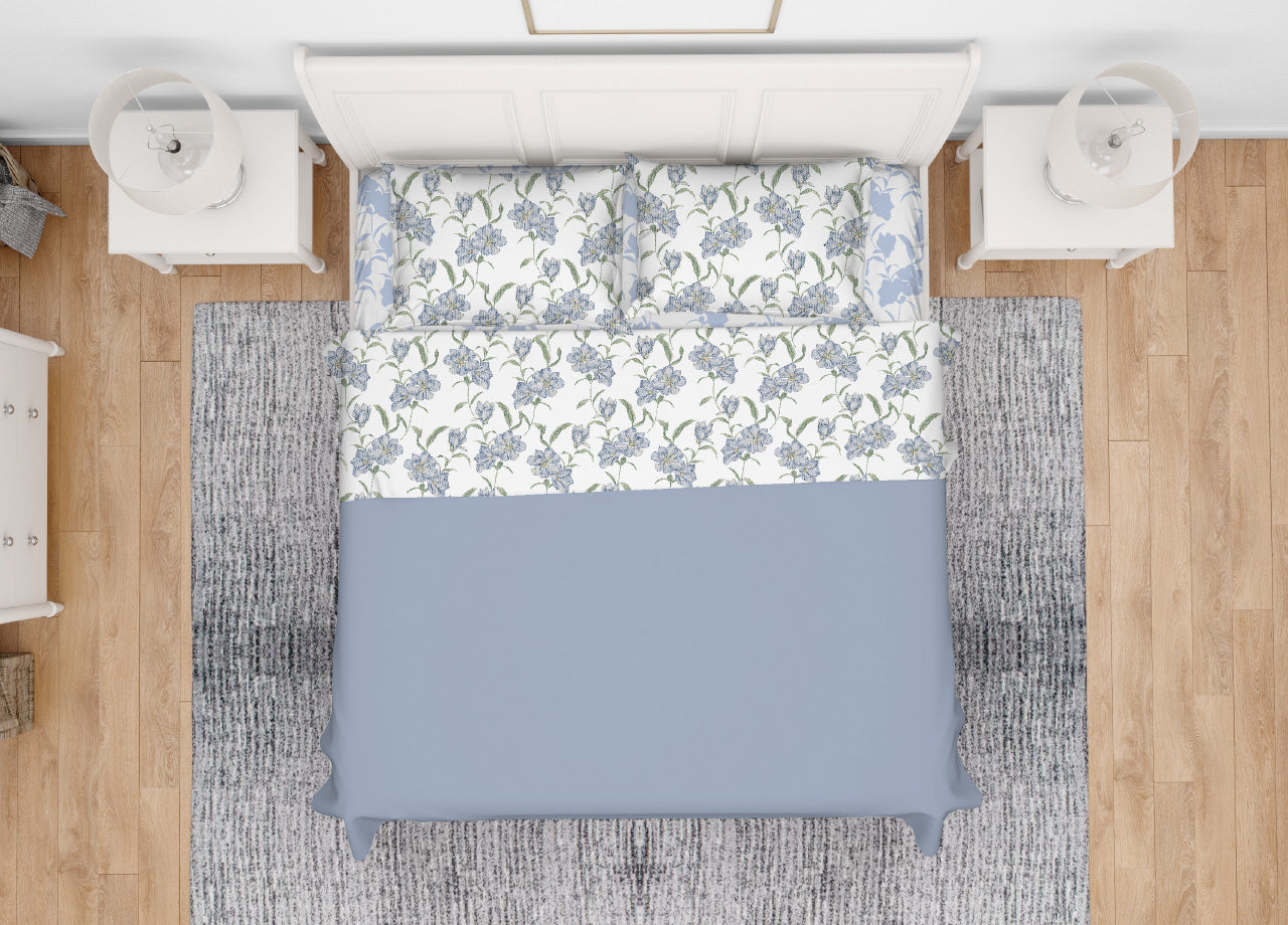 Completo Lenzuola Letto In 100% Cotone Made Italy Disegno Magnolia - Maxi - Azzurro