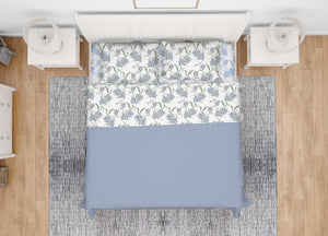 Completo Lenzuola Letto In 100% Cotone Made Italy Disegno Magnolia - Maxi - Azzurro