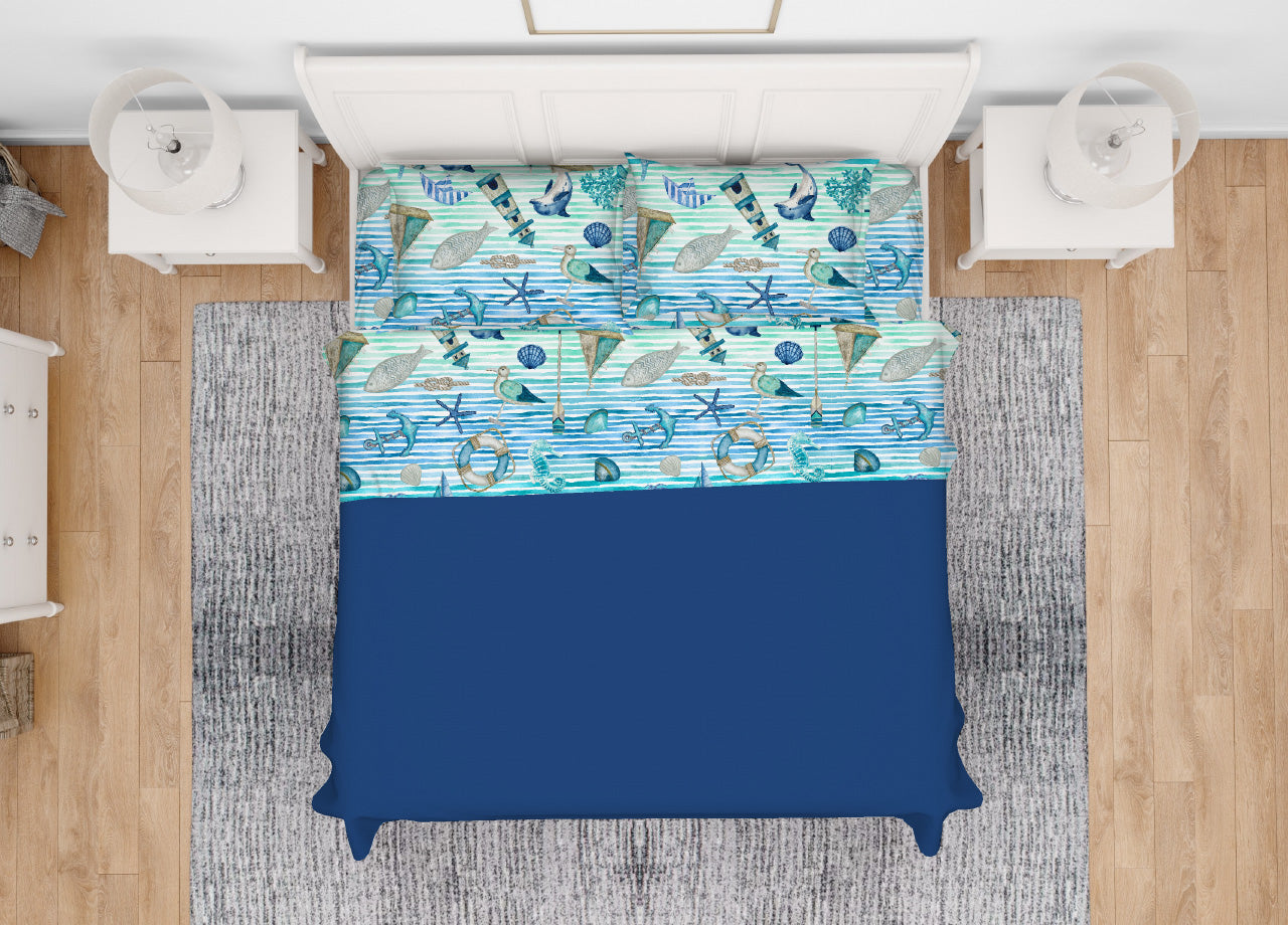 Completo Lenzuola Letto In 100% Cotone Made Italy Disegno Mare 25GI - Piazza E Mezza - Mare 25GI