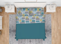 Completo Lenzuola Letto Morbida Flanella 100% Cotone Dis. Square - Francese - Azzurro