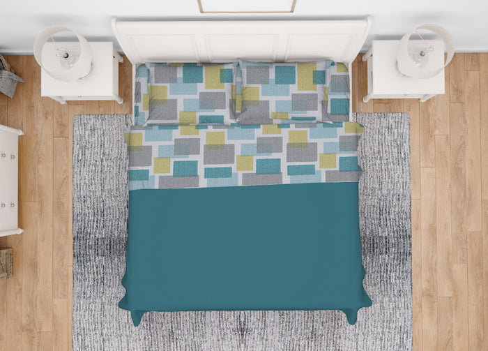 Completo Lenzuola Letto Morbida Flanella 100% Cotone Dis. Square - Francese - Azzurro