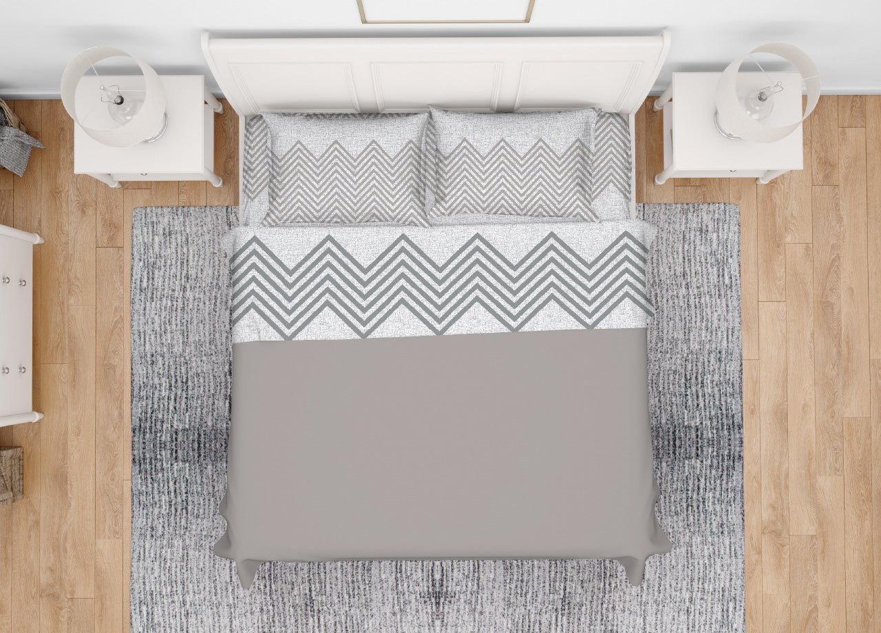 Completo Lenzuola Letto In 100% Cotone Made Italy Disegno Zig Zag - Singolo - Beige