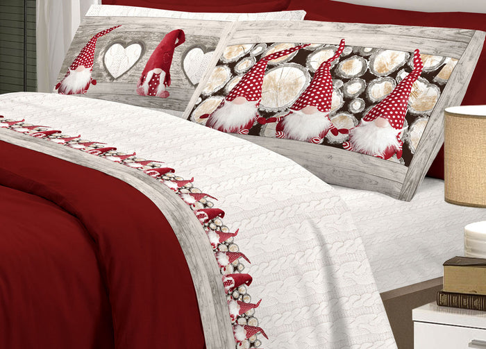 Completo Lenzuola Flanella Pensieri Delicati 100% Cotone Disegno Gnomi - Piazza E Mezza - Rosso