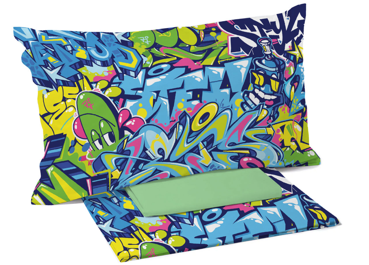 Completo Lenzuola Freestyle Per Ragazzi 100% Cotone Digitale Graffiti - Piazza E Mezza - Graffiti