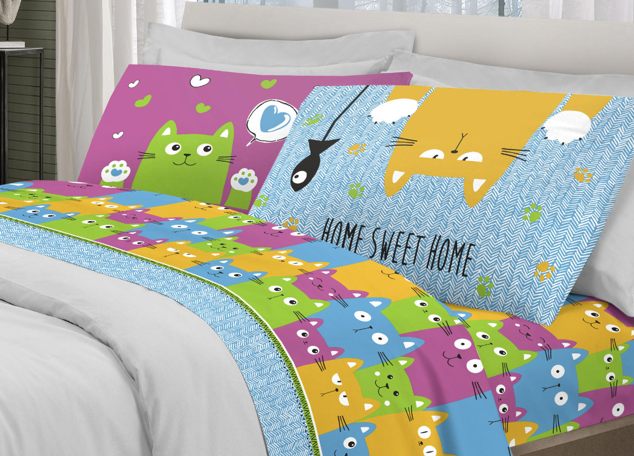 Completo Lenzuola Letto Pensieri Delicati 100% Cotone Dis. Happy Cat Multicolor - Matrimoniale - Multicolor