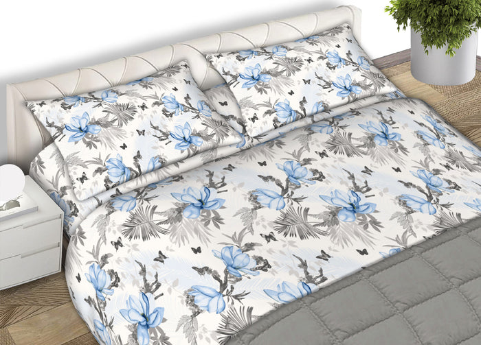 Completo Lenzuola Matrimoniale 100% Cotone Made Italy Disegno Leaves CN - Matrimoniale - Azzurro