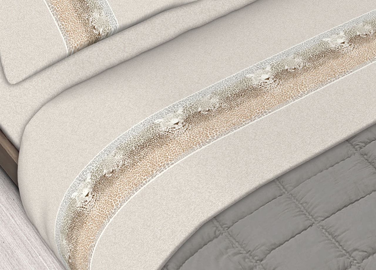 Completo Lenzuola In 100% Cotone Made In Italy Dis. Leopard Colore Beige C.N. - Singolo - Beige
