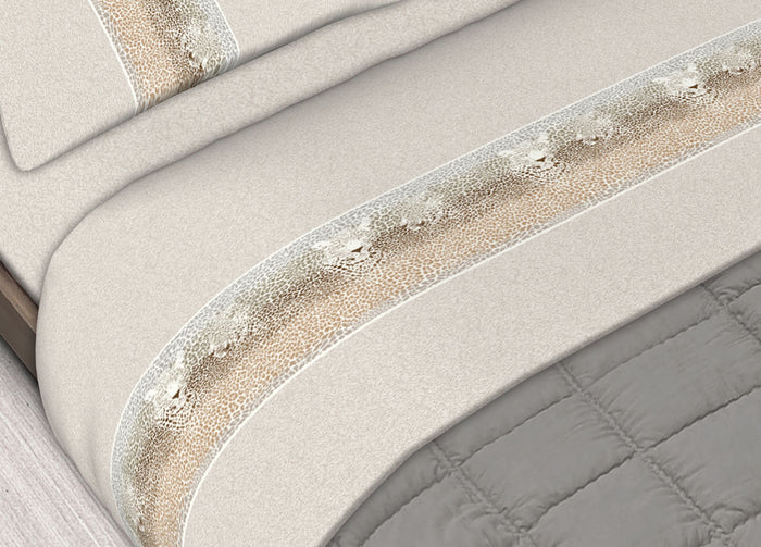 Completo Lenzuola In 100% Cotone Made In Italy Dis. Leopard Colore Beige C.N. - Singolo - Beige
