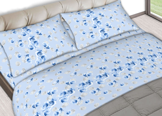 Completo Lenzuola Letto In 100% Cotone Made In Italy Vari Disegni C.N - Piazza E Mezza - Rose Azzurro