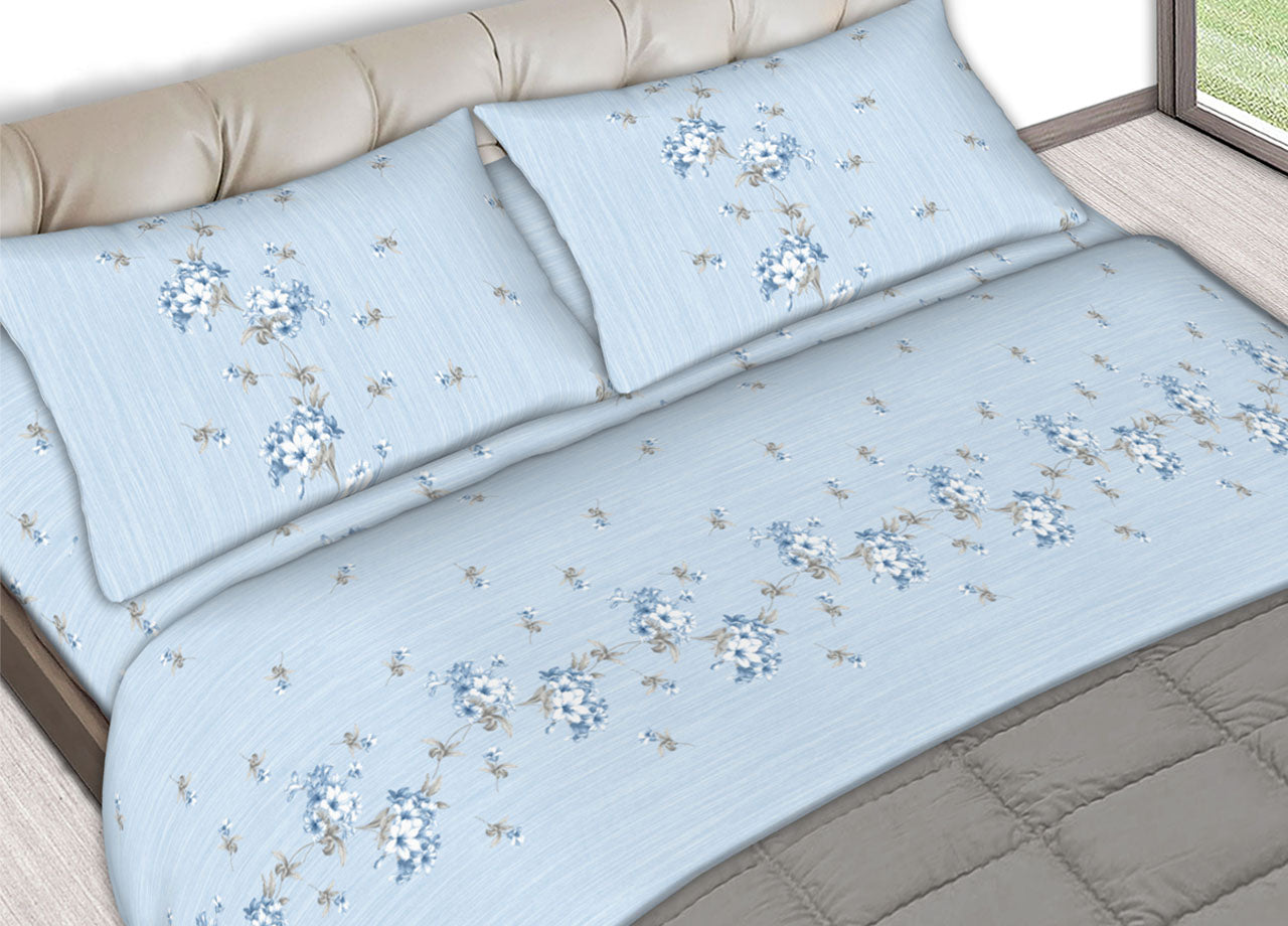 Completo Lenzuola Letto In 100% Cotone Made In Italy Vari Disegni C.N - Piazza E Mezza - Linda Azzurro