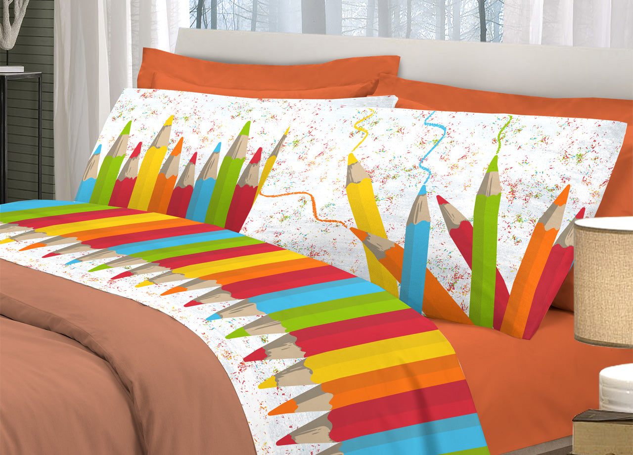 Completo Lenzuola Linea Pensieri Delicati 100% Cotone Disegno Matitoni - Matrimoniale - Multicolor