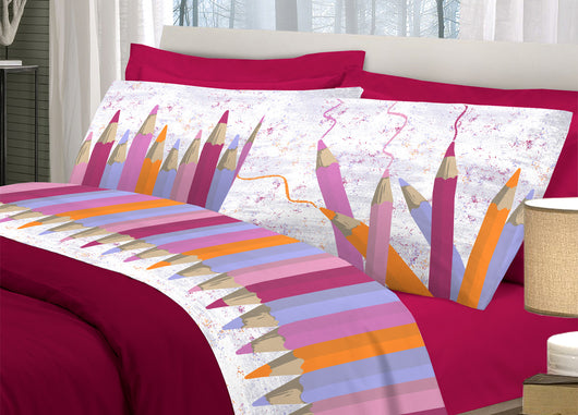 Completo Lenzuola Linea Pensieri Delicati 100% Cotone Disegno Matitoni - Matrimoniale - Rosa