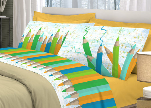 Completo Lenzuola Linea Pensieri Delicati 100% Cotone Disegno Matitoni - Matrimoniale - Verde