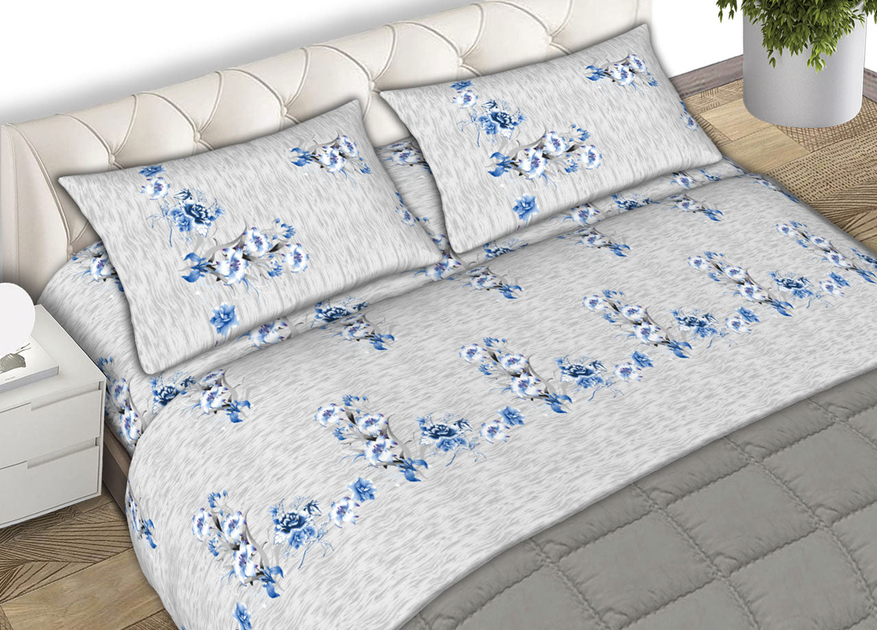 Completo Lenzuola Letto Matrimoniale 100% Cotone Made Italy Dis.Mirta Azzurro CN