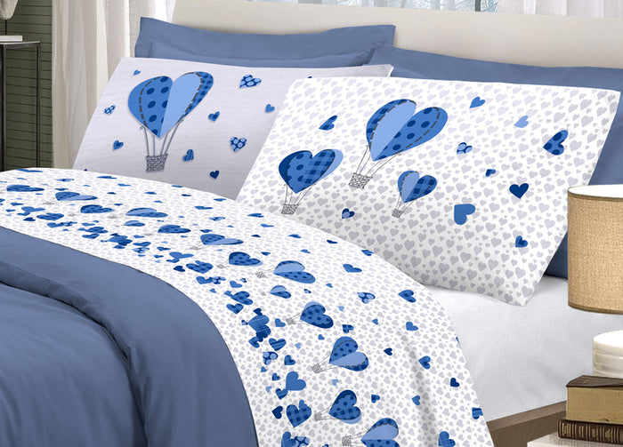 Completo Lenzuola Linea Pensieri Delicati 100% Cotone Disegno Mongolfiera - Singolo - Blu