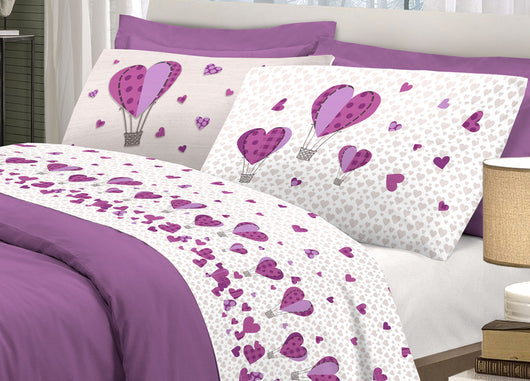 Completo Lenzuola Linea Pensieri Delicati 100% Cotone Disegno Mongolfiera - Matrimoniale - Glicine