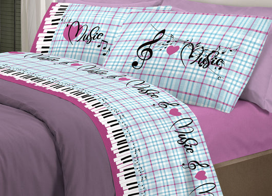 Completo Lenzuola Linea Pensieri Delicati 100% Cotone Disegno Musica - Singolo - Rosa