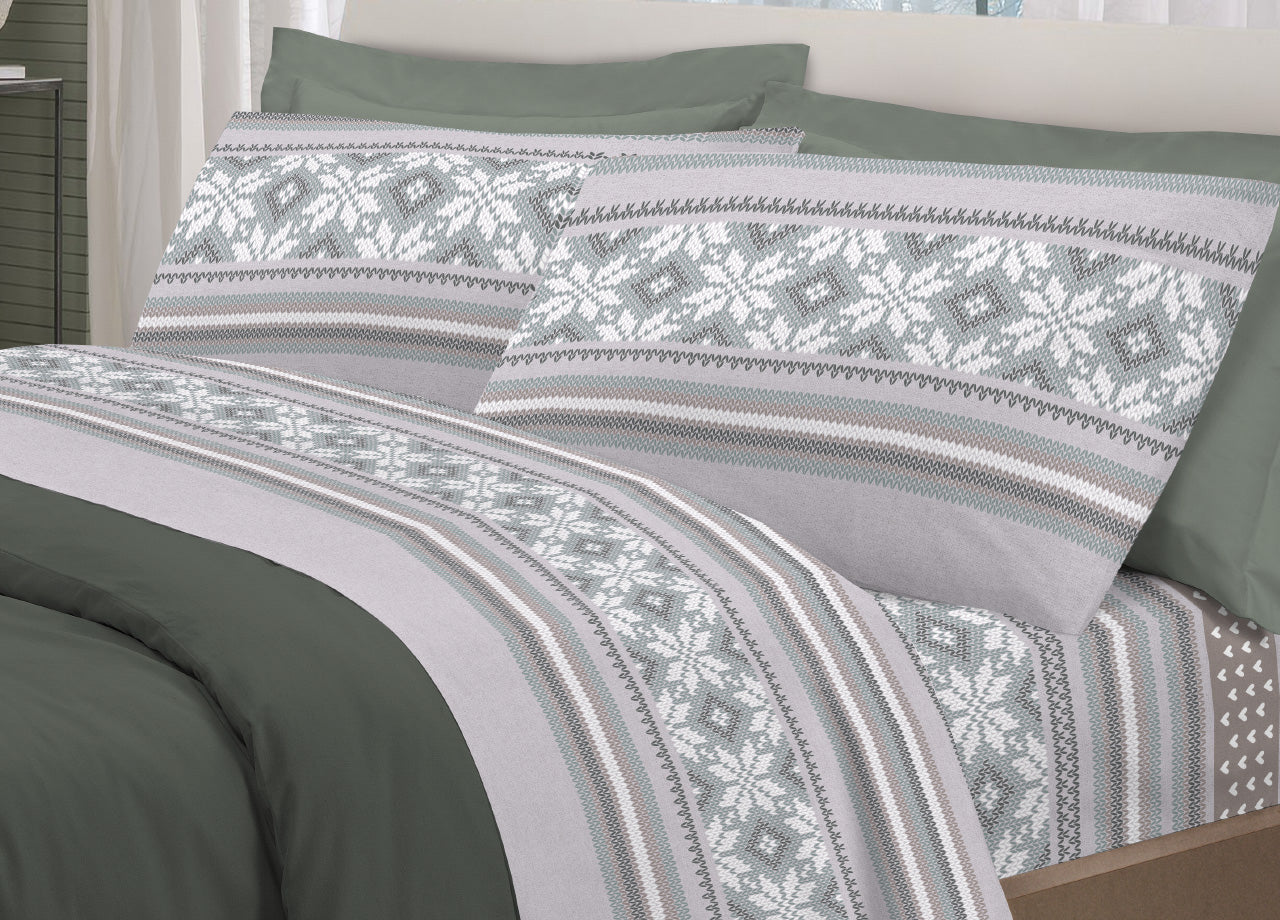 Completo Lenzuola Pensieri Delicati 100% Cotone Disegno Norvegia - Singolo - Grigio