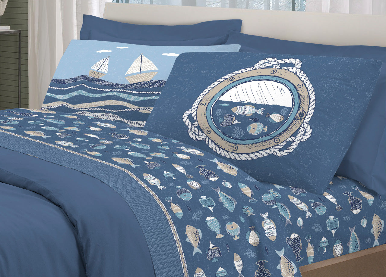 Completo Lenzuola Letto Pensieri Delicati 100% Cotone Disegno Oceano - Matrimoniale - Blu
