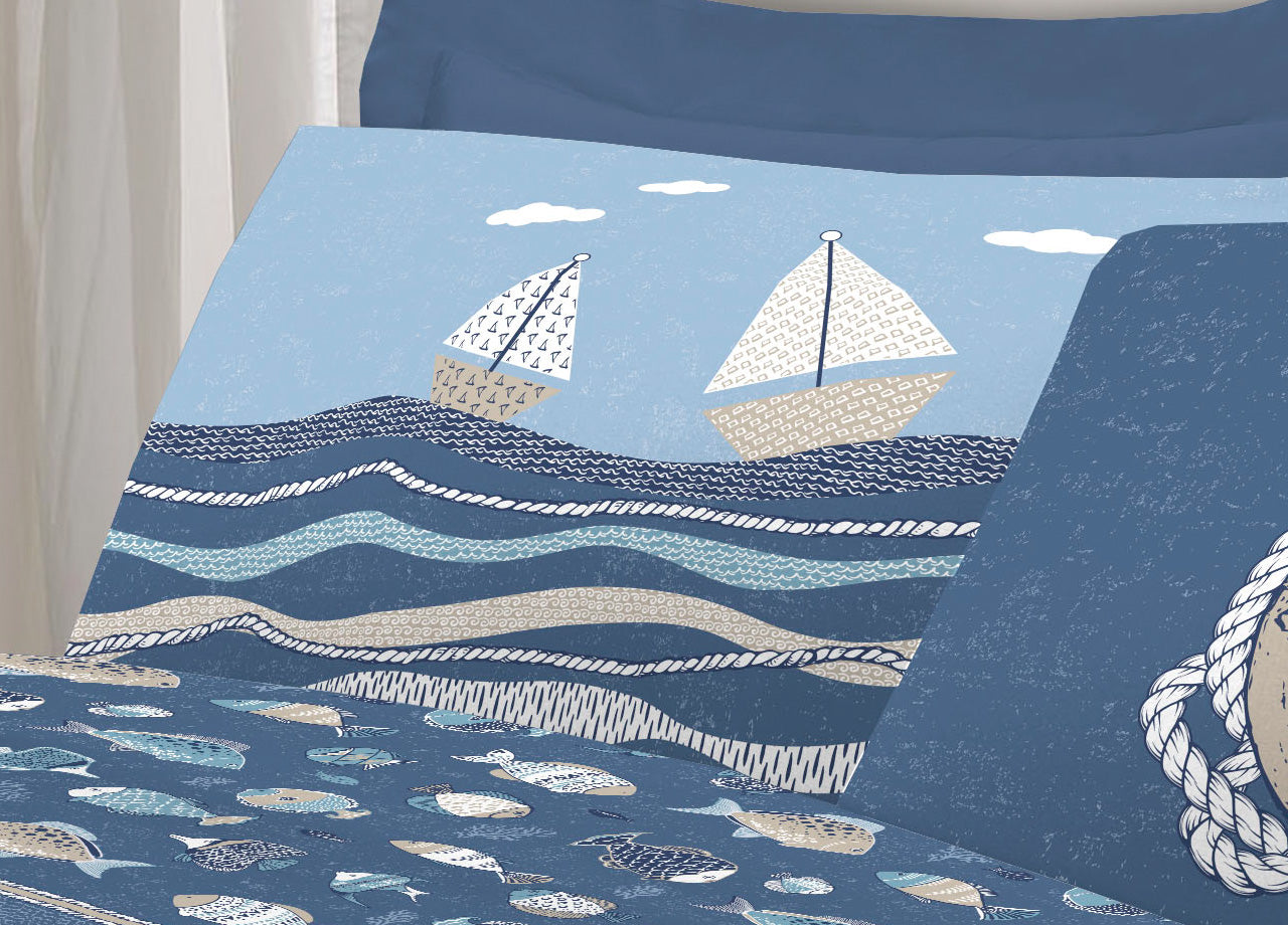 Completo Lenzuola Letto Pensieri Delicati 100% Cotone Disegno Oceano - Piazza E Mezza - Blu