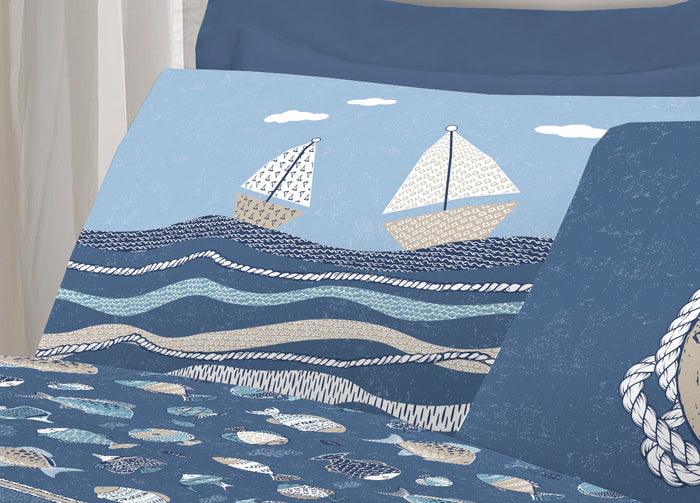 Completo Lenzuola Letto Pensieri Delicati 100% Cotone Disegno Oceano - Piazza E Mezza - Blu